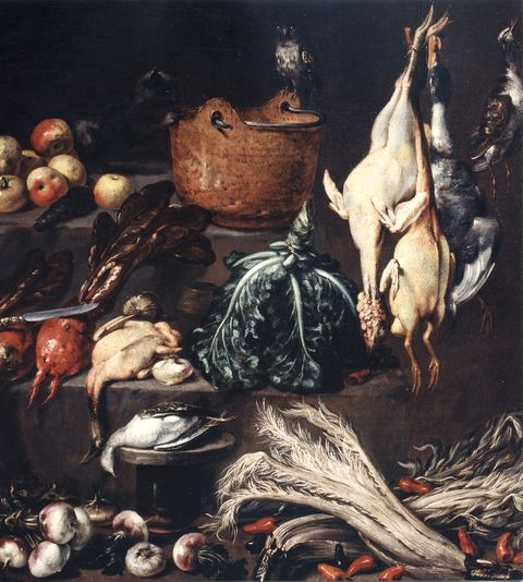 Anonimo — Boselli Felice (attr.) - sec. XVII/ XVIII - Natura morta con selvaggina, pollame, frutta e ortaggi — insieme